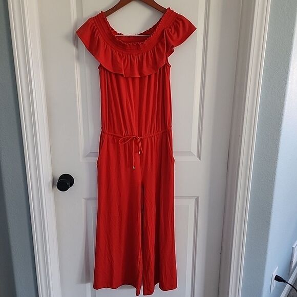 Ralph Lauren Matsuko Ruffle Off-The-Shoulder Crop Jumpsuit Wide Leg Red Size M - Picture 1 of 8